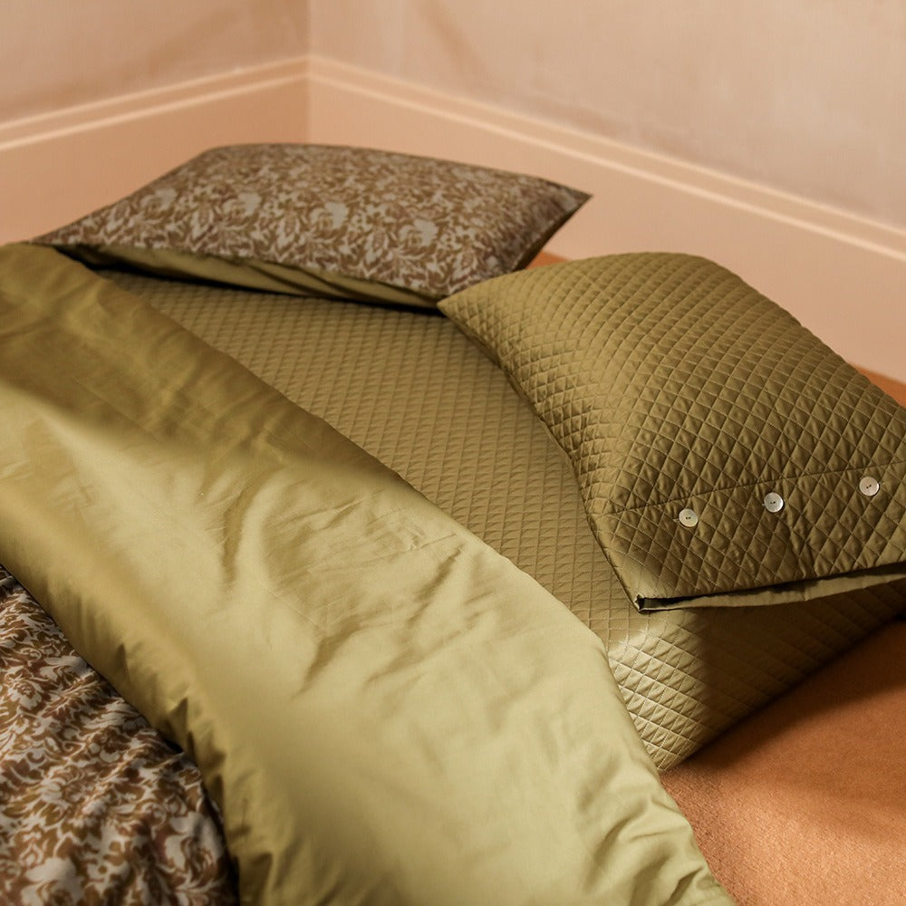 VILZSTUDIOS olive floral damask satin bedding set with diamond-quilted pillowcase detailing