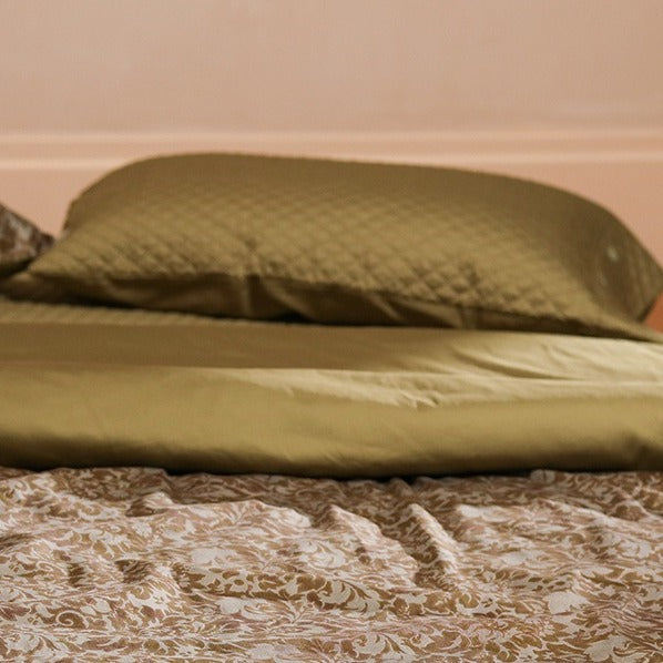 VILZSTUDIOS olive floral damask satin bedding set with diamond-quilted pillowcase detailing