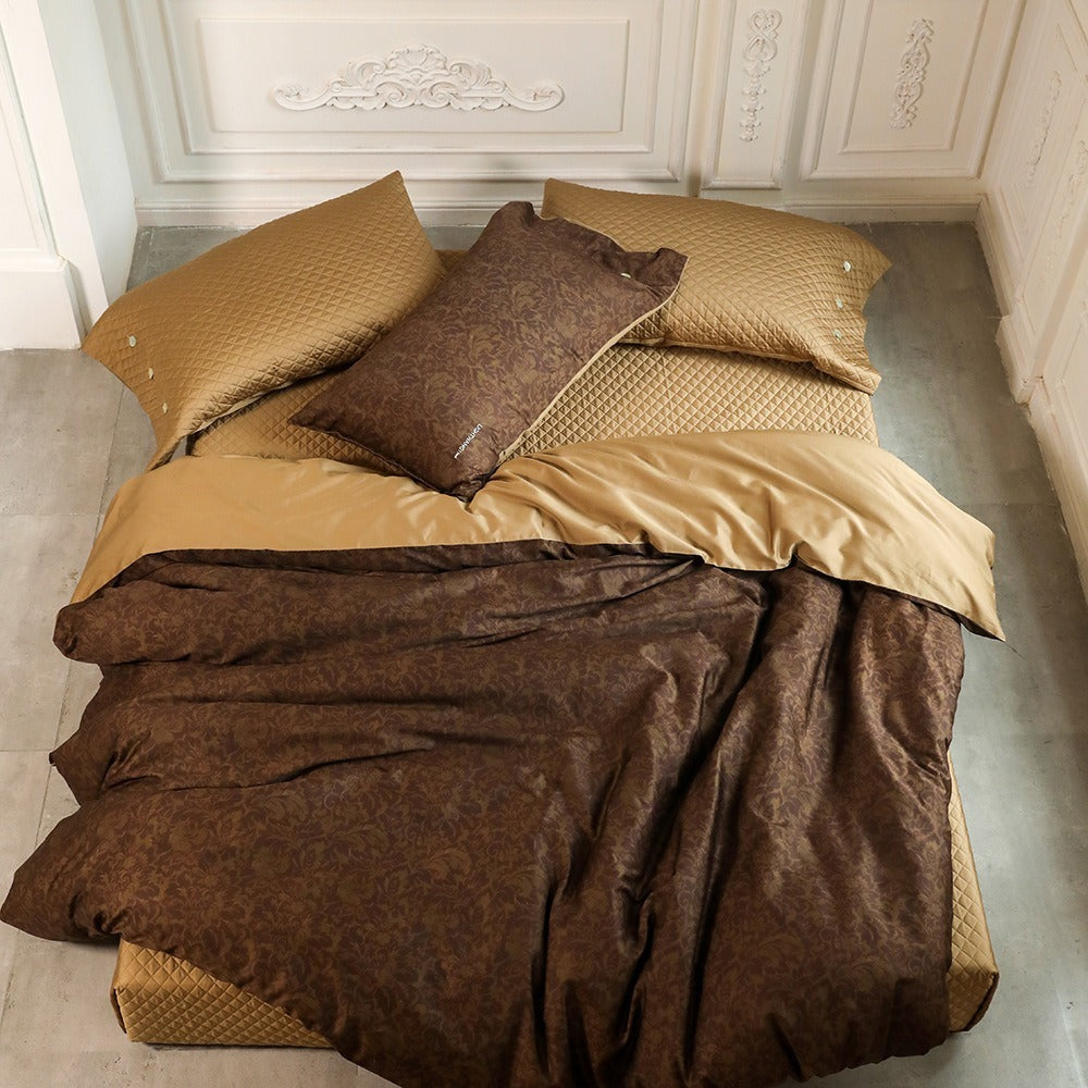 VILZSTUDIOS olive floral damask satin bedding set with diamond-quilted pillowcase detailing