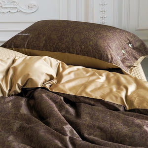 VILZSTUDIOS olive floral damask satin bedding set with diamond-quilted pillowcase detailing