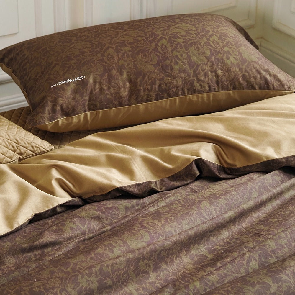 VILZSTUDIOS olive floral damask satin bedding set with diamond-quilted pillowcase detailing