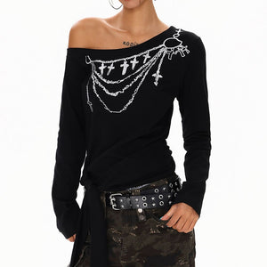 VILZSTUDIOS Stylish one-shoulder top featuring chain graphic design