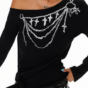 VILZSTUDIOS Stylish one-shoulder top featuring chain graphic design