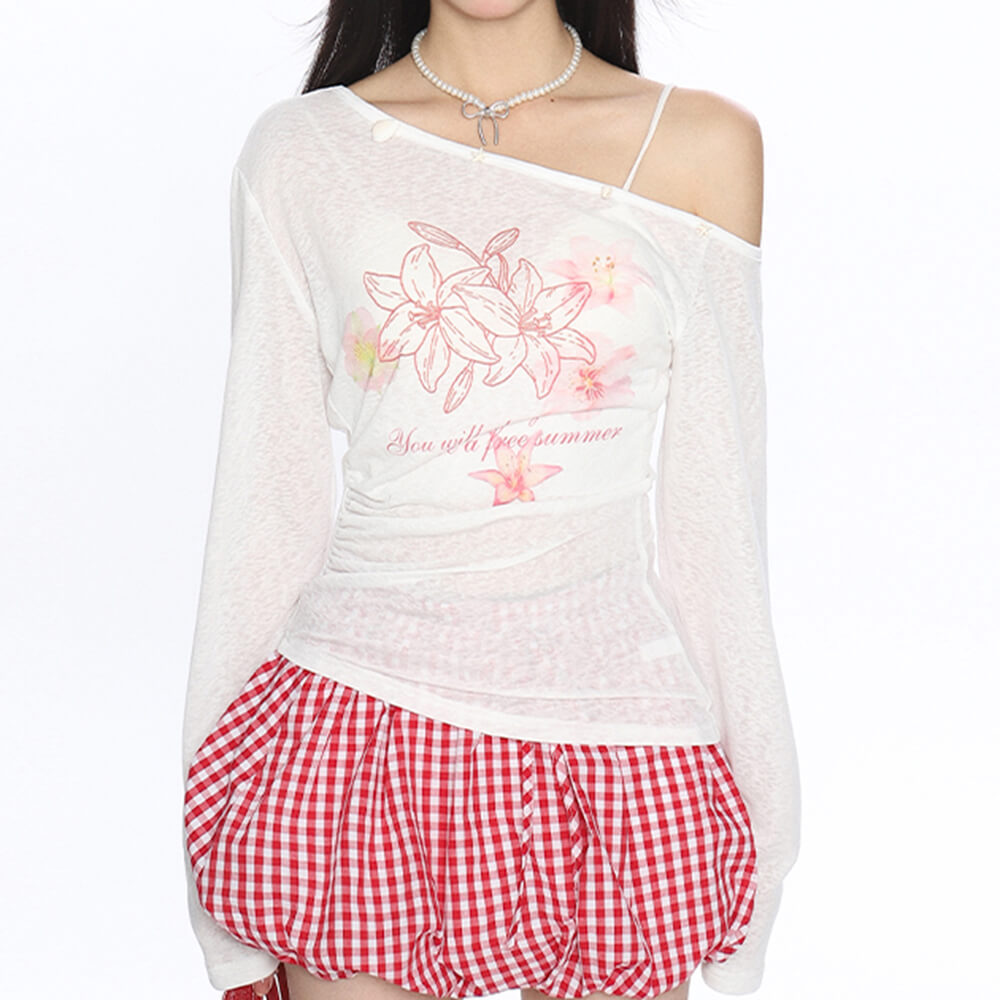VILZSTUDIOS Trendy one-shoulder floral top with hibiscus design