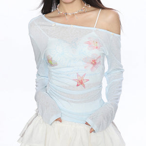 VILZSTUDIOS Trendy one-shoulder floral top with hibiscus design