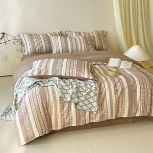 VILZSTUDIOS cream and camel ornamental stripe duvet cover set with wooden-button pillowcases