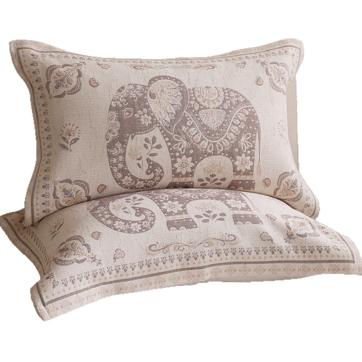 VILZSTUDIOS cream jacquard pillowcase with ornate elephant motif and floral borders