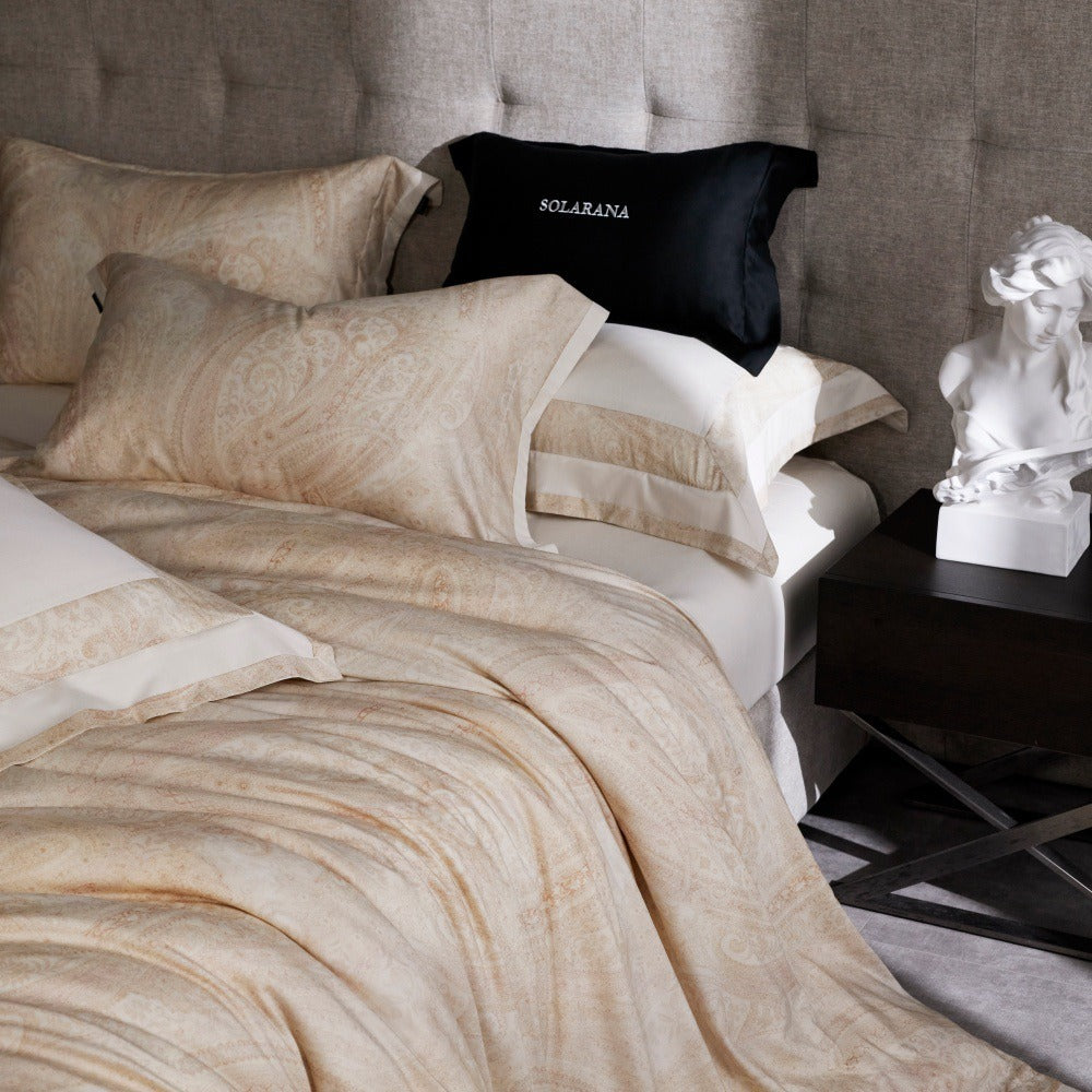 VILZSTUDIOS champagne beige, dusty rose pink, or taupe gray paisley bedding set with wide flanged pillowcases