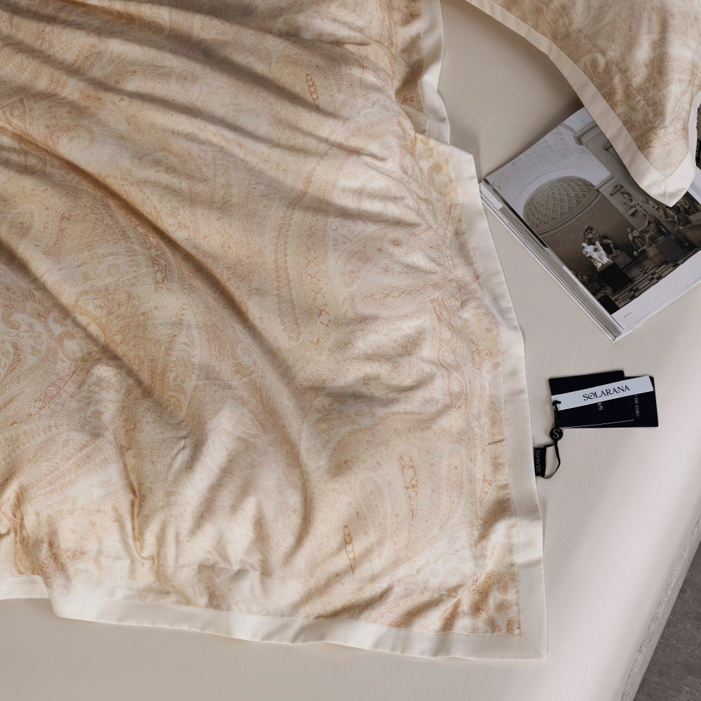 VILZSTUDIOS champagne beige, dusty rose pink, or taupe gray paisley bedding set with wide flanged pillowcases