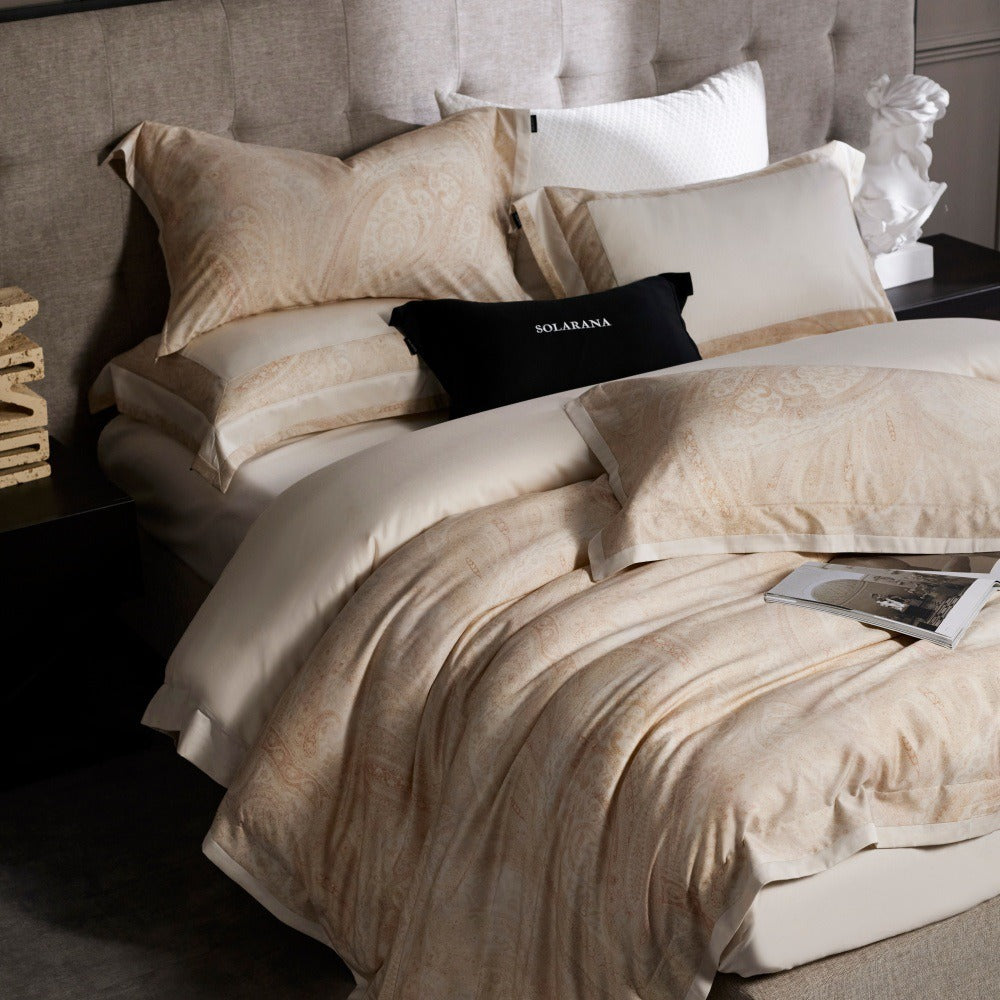 VILZSTUDIOS champagne beige, dusty rose pink, or taupe gray paisley bedding set with wide flanged pillowcases