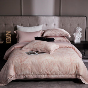 VILZSTUDIOS champagne beige, dusty rose pink, or taupe gray paisley bedding set with wide flanged pillowcases