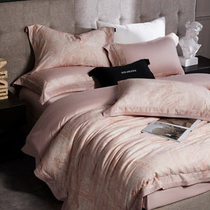 VILZSTUDIOS champagne beige, dusty rose pink, or taupe gray paisley bedding set with wide flanged pillowcases