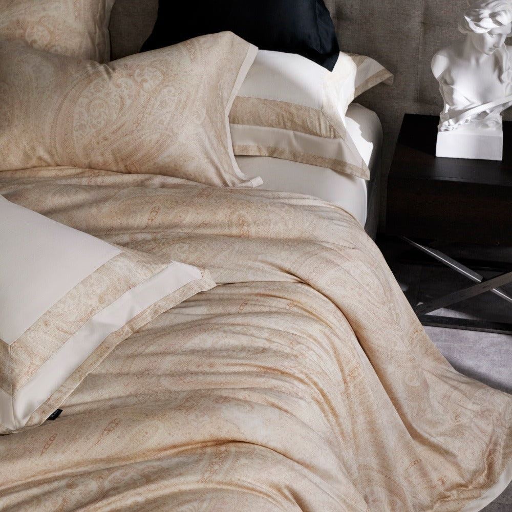 VILZSTUDIOS champagne beige, dusty rose pink, or taupe gray paisley bedding set with wide flanged pillowcases
