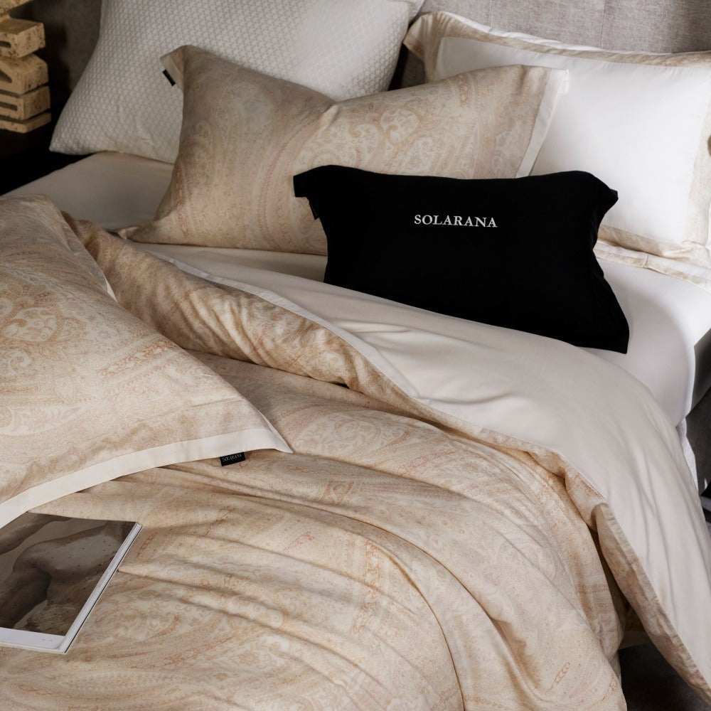 VILZSTUDIOS champagne beige, dusty rose pink, or taupe gray paisley bedding set with wide flanged pillowcases