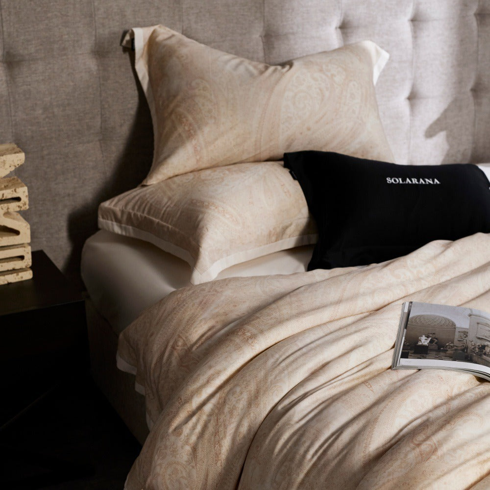 VILZSTUDIOS champagne beige, dusty rose pink, or taupe gray paisley bedding set with wide flanged pillowcases