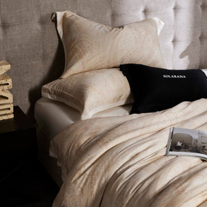 VILZSTUDIOS champagne beige, dusty rose pink, or taupe gray paisley bedding set with wide flanged pillowcases