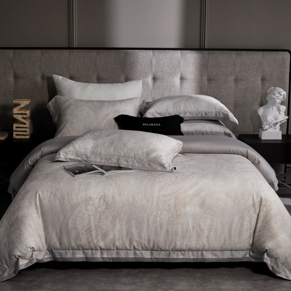 VILZSTUDIOS champagne beige, dusty rose pink, or taupe gray paisley bedding set with wide flanged pillowcases