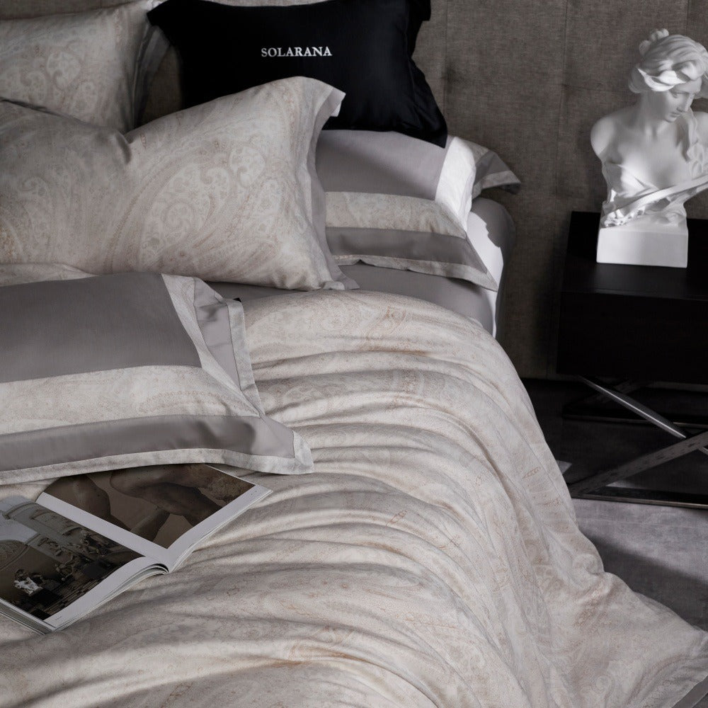 VILZSTUDIOS champagne beige, dusty rose pink, or taupe gray paisley bedding set with wide flanged pillowcases