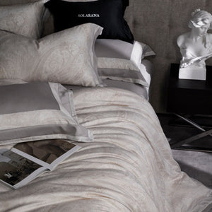 VILZSTUDIOS champagne beige, dusty rose pink, or taupe gray paisley bedding set with wide flanged pillowcases
