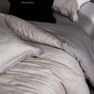 VILZSTUDIOS champagne beige, dusty rose pink, or taupe gray paisley bedding set with wide flanged pillowcases