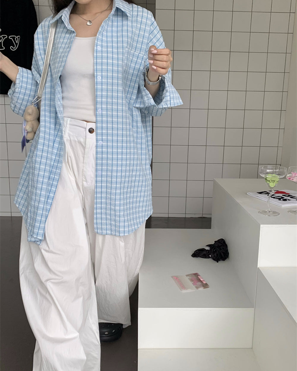 VILZSTUDIOS Oversized plaid shirt in baby blue