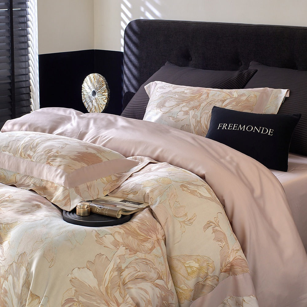 VILZSTUDIOS cream and blush painterly floral bedding set with wide pink pillowcase borders