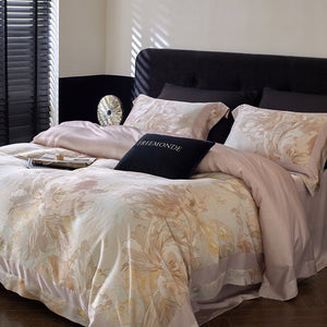 VILZSTUDIOS cream and blush painterly floral bedding set with wide pink pillowcase borders