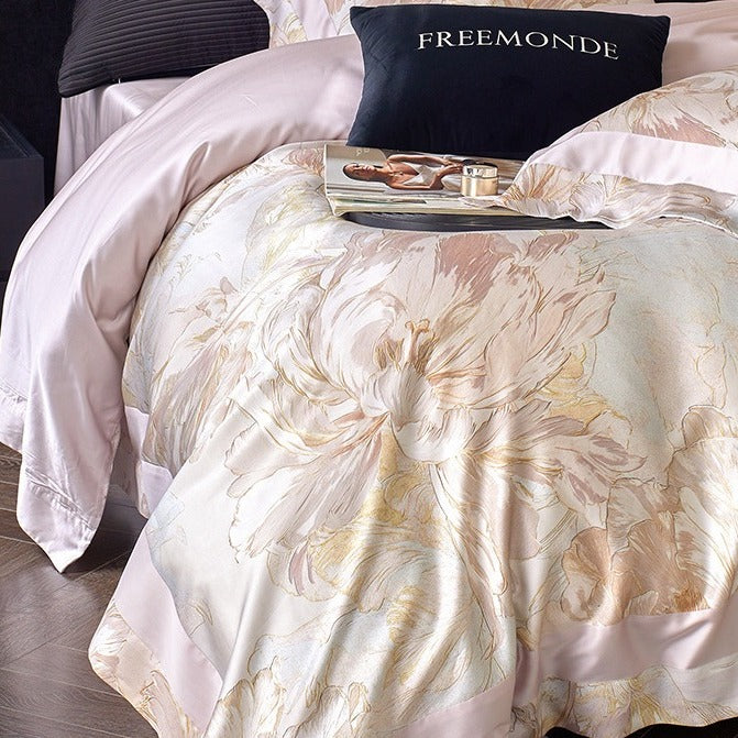 VILZSTUDIOS cream and blush painterly floral bedding set with wide pink pillowcase borders