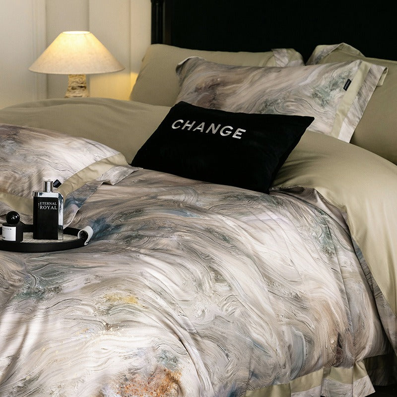 VILZSTUDIOS muted earthy-tone floral and marble print duvet cover set with wide flange borders