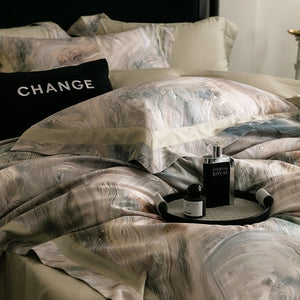 VILZSTUDIOS muted earthy-tone floral and marble print duvet cover set with wide flange borders