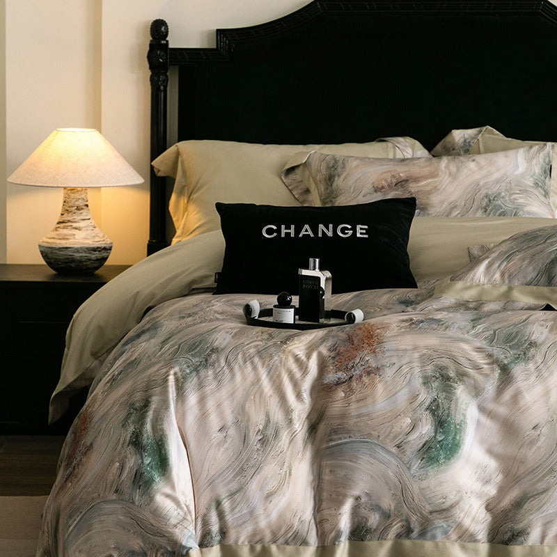 VILZSTUDIOS muted earthy-tone floral and marble print duvet cover set with wide flange borders