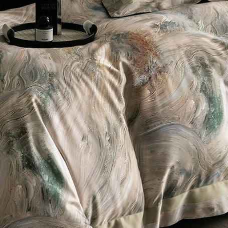 VILZSTUDIOS muted earthy-tone floral and marble print duvet cover set with wide flange borders