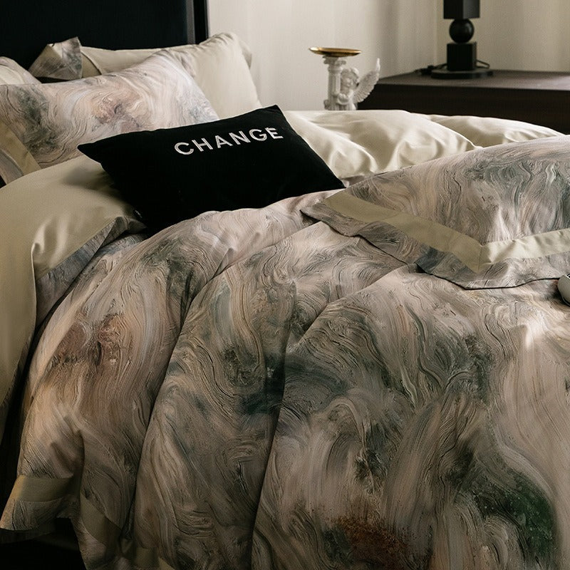VILZSTUDIOS muted earthy-tone floral and marble print duvet cover set with wide flange borders