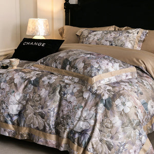 VILZSTUDIOS muted earthy-tone floral and marble print duvet cover set with wide flange borders