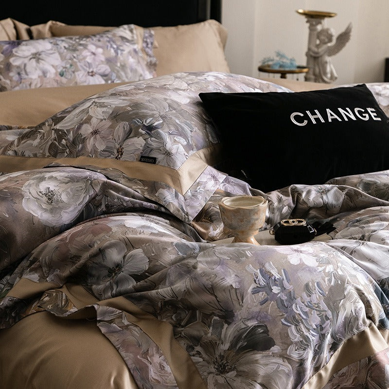 VILZSTUDIOS muted earthy-tone floral and marble print duvet cover set with wide flange borders