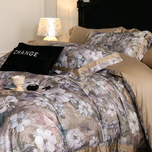 VILZSTUDIOS muted earthy-tone floral and marble print duvet cover set with wide flange borders