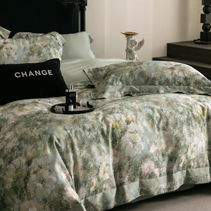 VILZSTUDIOS muted earthy-tone floral and marble print duvet cover set with wide flange borders