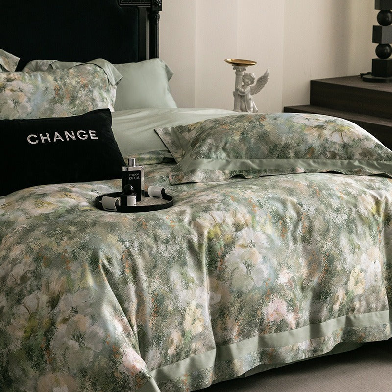 VILZSTUDIOS muted earthy-tone floral and marble print duvet cover set with wide flange borders