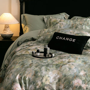 VILZSTUDIOS muted earthy-tone floral and marble print duvet cover set with wide flange borders