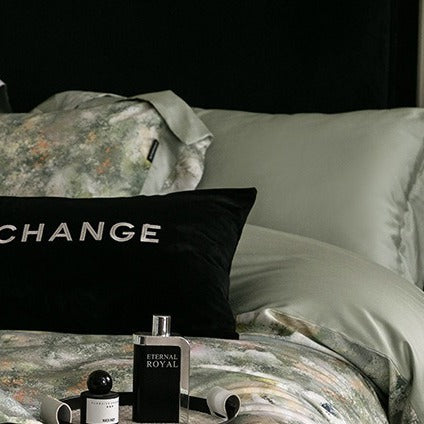 VILZSTUDIOS muted earthy-tone floral and marble print duvet cover set with wide flange borders