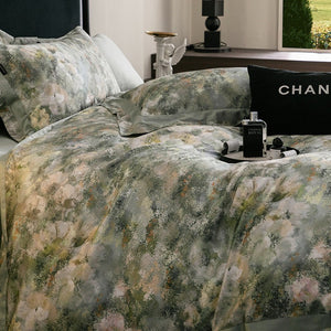 VILZSTUDIOS muted earthy-tone floral and marble print duvet cover set with wide flange borders