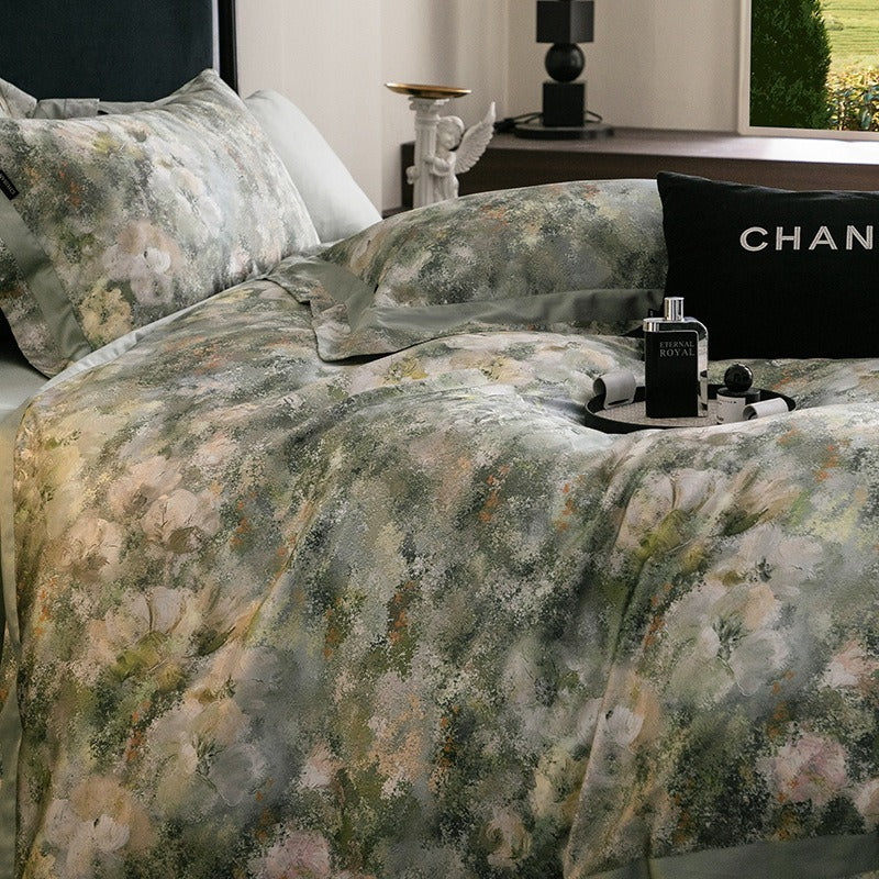 VILZSTUDIOS muted earthy-tone floral and marble print duvet cover set with wide flange borders
