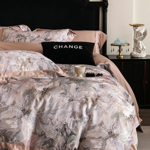 VILZSTUDIOS muted earthy-tone floral and marble print duvet cover set with wide flange borders