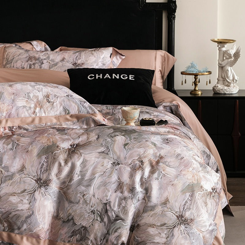 VILZSTUDIOS muted earthy-tone floral and marble print duvet cover set with wide flange borders