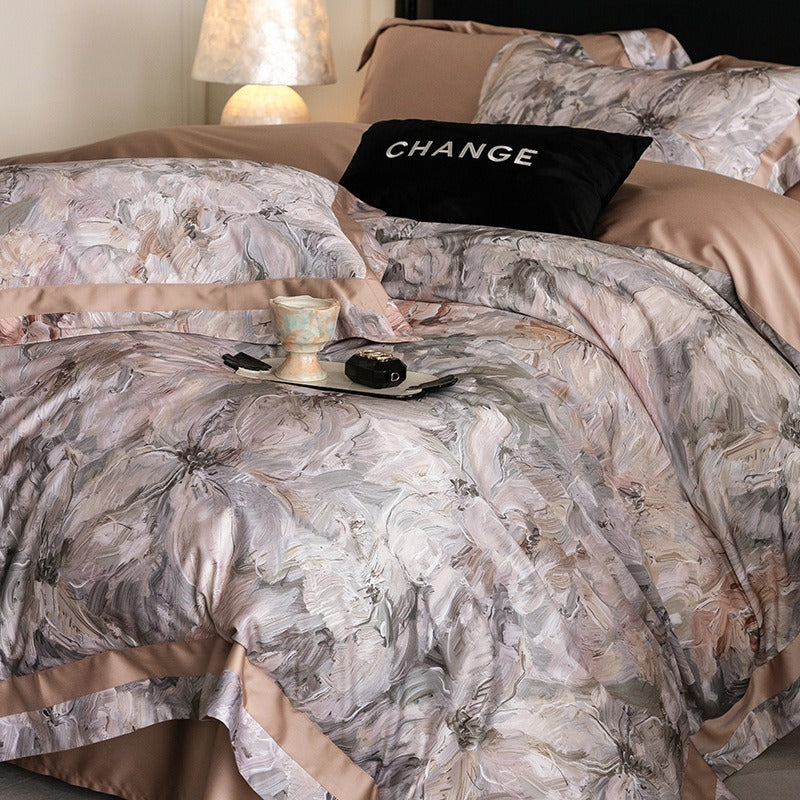 VILZSTUDIOS muted earthy-tone floral and marble print duvet cover set with wide flange borders