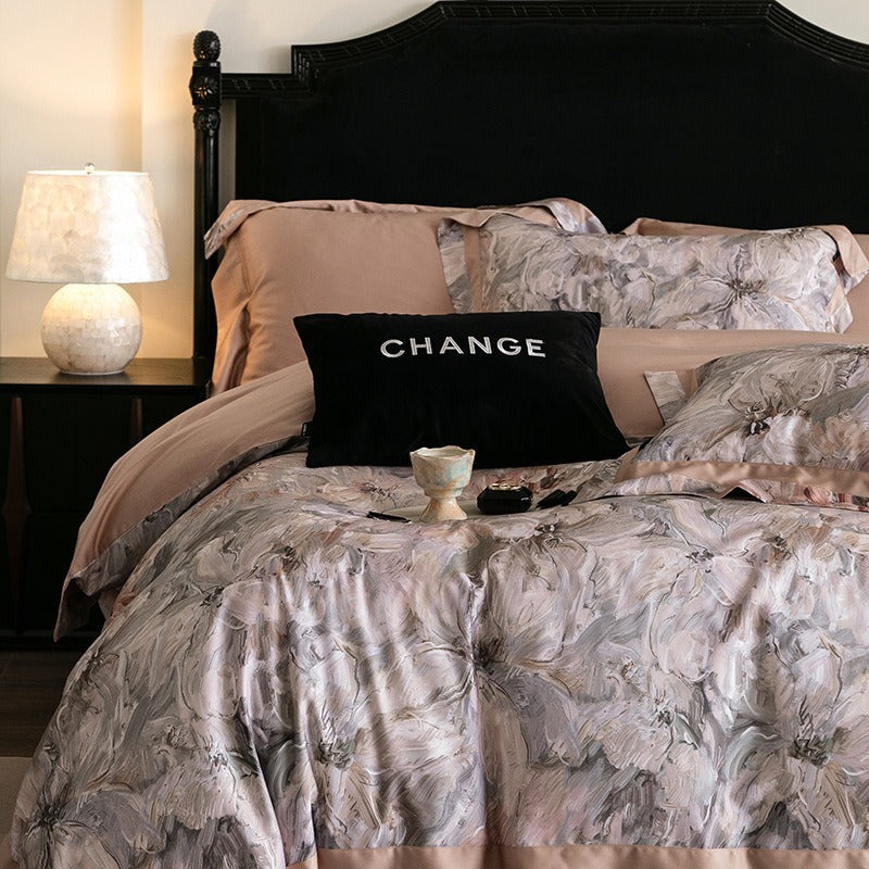 VILZSTUDIOS muted earthy-tone floral and marble print duvet cover set with wide flange borders