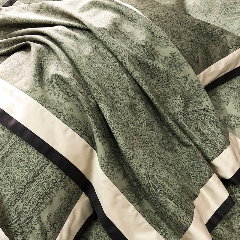 VILZSTUDIOS sage green and olive paisley duvet cover set with champagne borders and dark piping