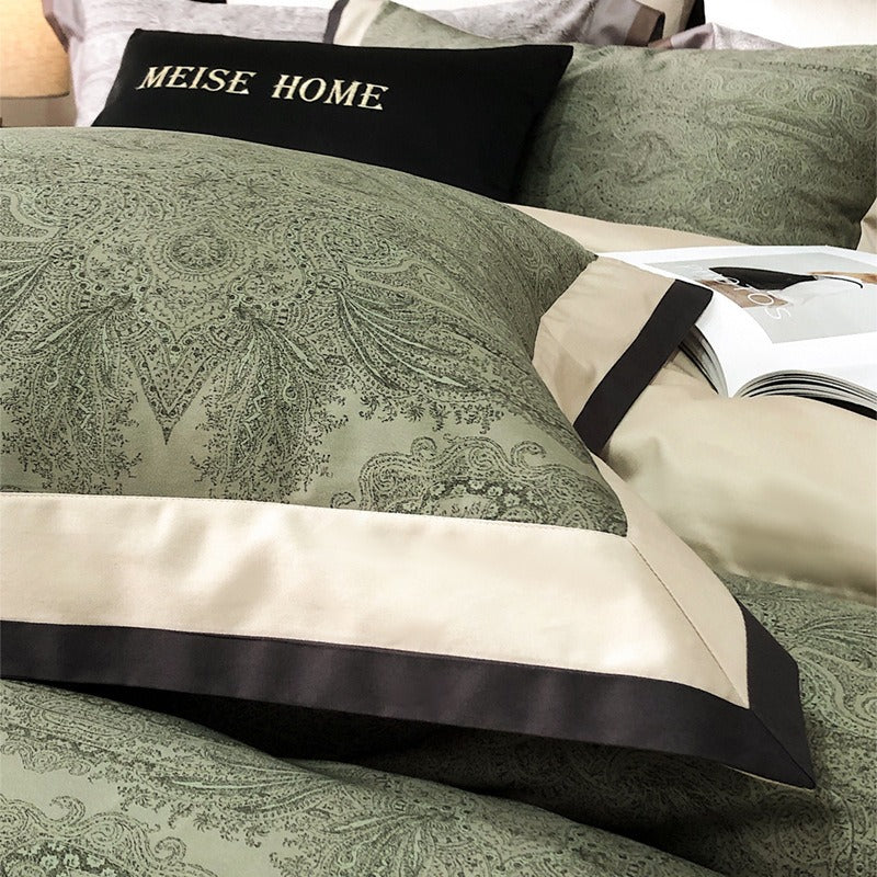 VILZSTUDIOS sage green and olive paisley duvet cover set with champagne borders and dark piping