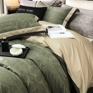 VILZSTUDIOS sage green and olive paisley duvet cover set with champagne borders and dark piping