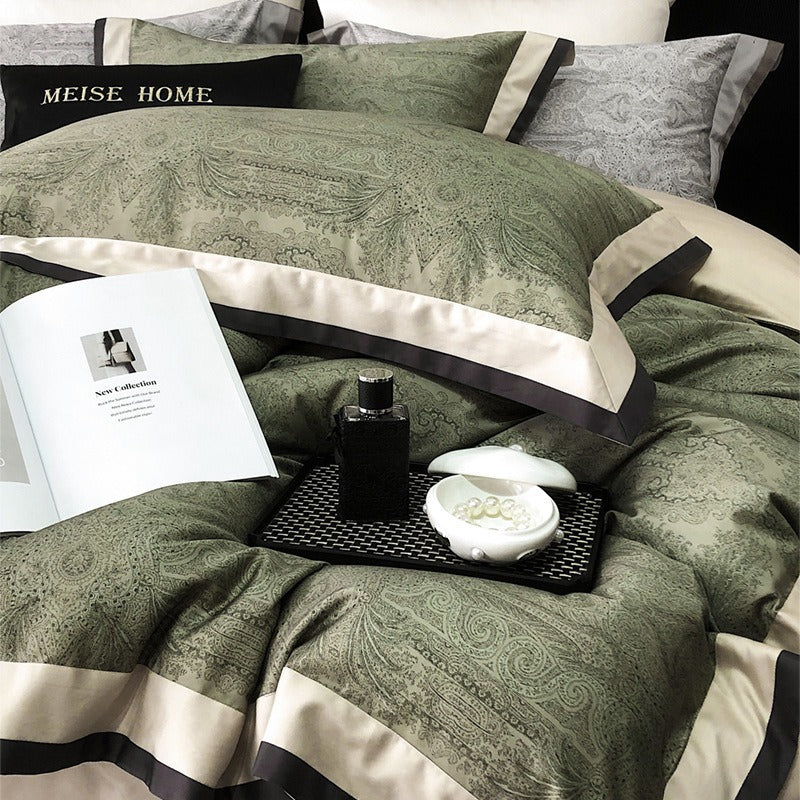 VILZSTUDIOS sage green and olive paisley duvet cover set with champagne borders and dark piping